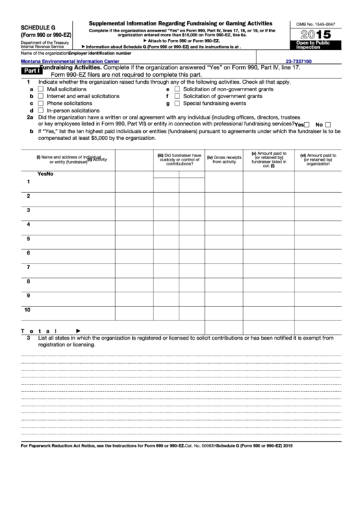 Fillable Schedule G (Form 990 Or 990-Ez) - Supplemental Information Regarding Fundraising Or Gaming Activities - 2015 Printable pdf