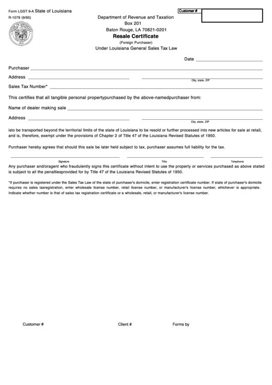 Fillable Form Lgst 9-A - Resale Certificate Printable pdf