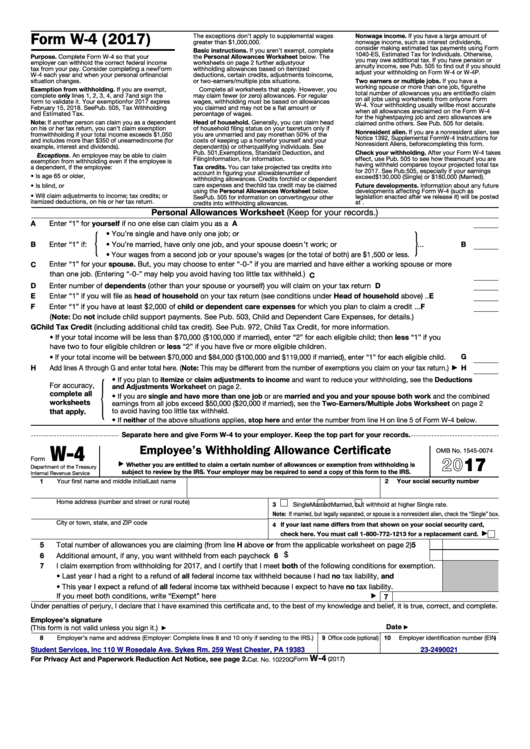 Fillable Form W 4 Employee S Withholding Allowance Certificate 2017 