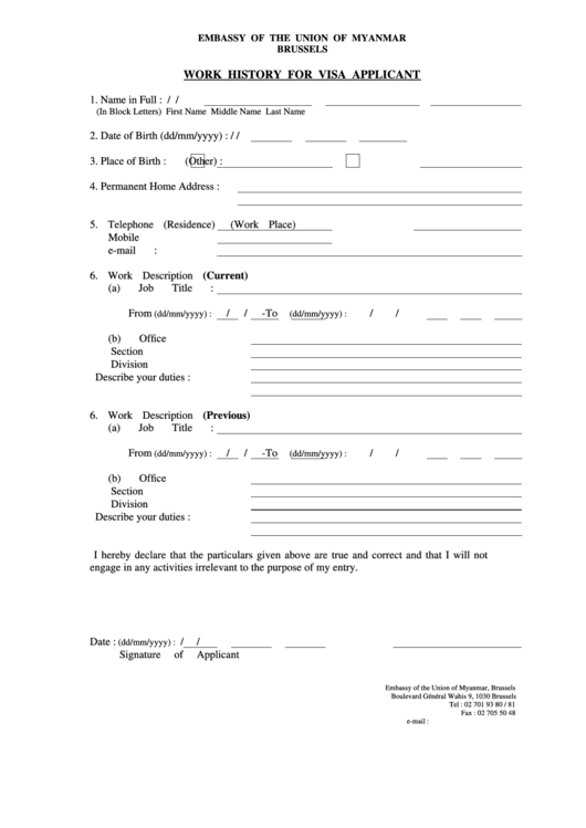 Fillable Work History For Visa Applicant - Embassy Of Myanmar In Brussels Printable pdf