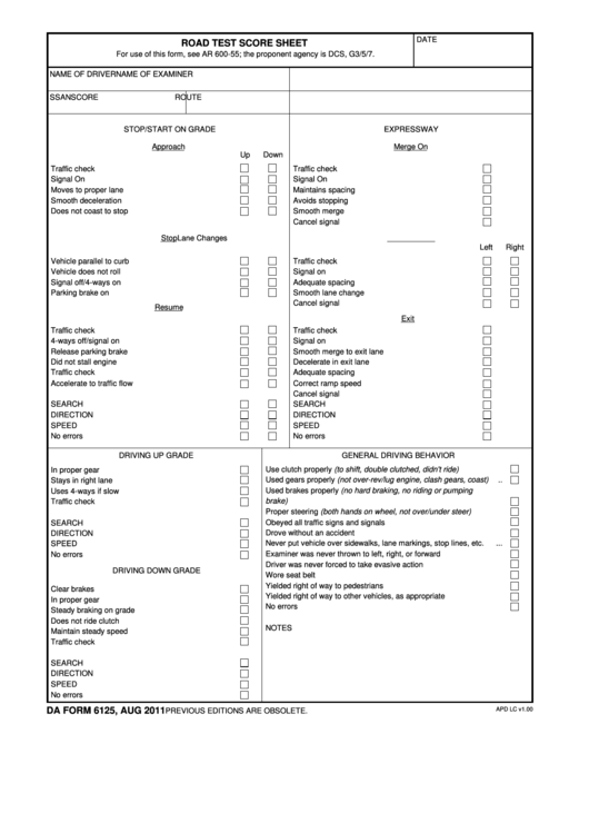 Fillable Road Test Score Sheet - Da Form 6125 (Aug 2011) Printable pdf