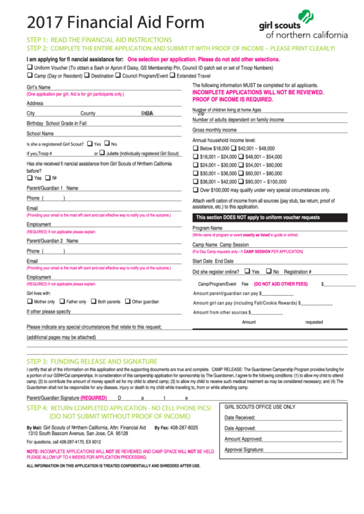 Fillable Financial Aid Form - Girl Scouts Of Northern California - 2017 Printable pdf