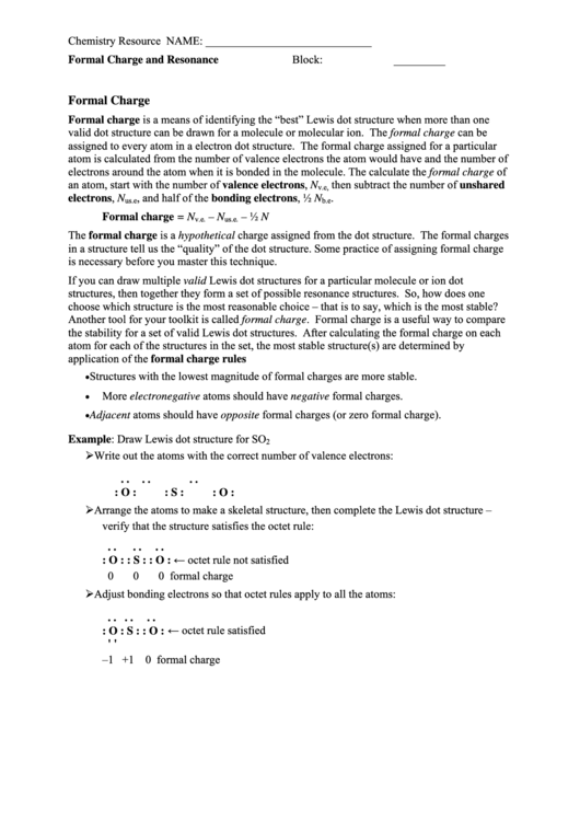 Formal Charge And Resonance - Chemistry Worksheet Printable pdf
