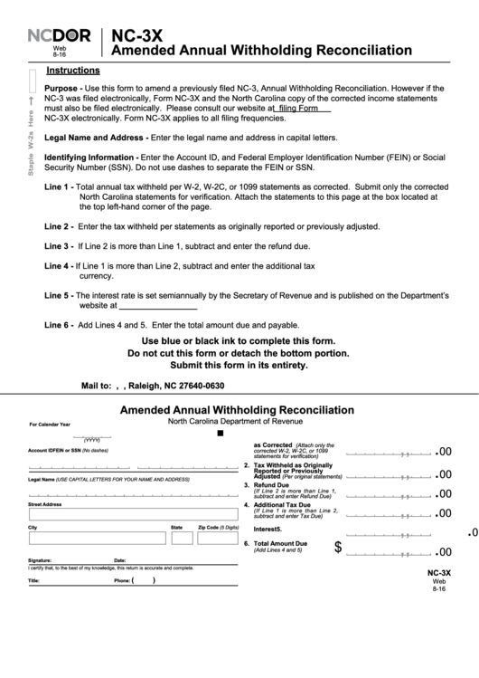 Amended Annual Withholding Reconciliation Nc-3x Printable pdf