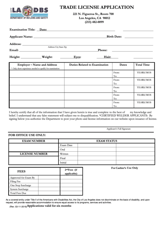 Trade License Application Printable pdf