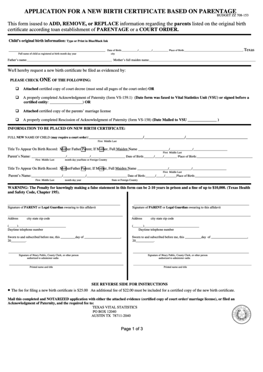 Fillable Form Vs-166 - Application For A New Birth Certificate Based On Parentage Form Printable pdf