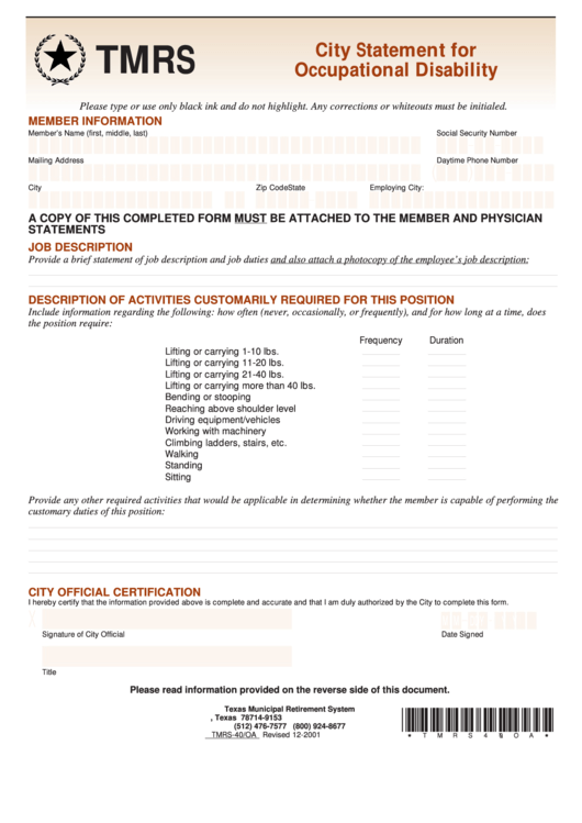 Fillable City Statement For Occupational Disability Printable pdf