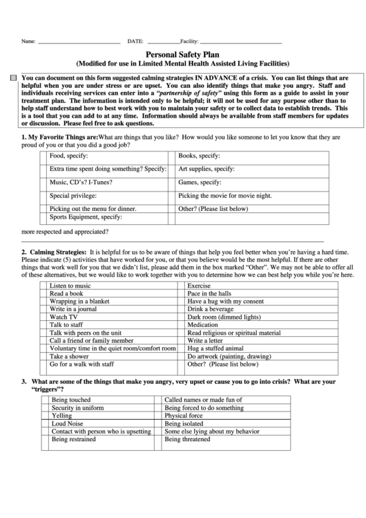Personal Safety Plan Printable pdf