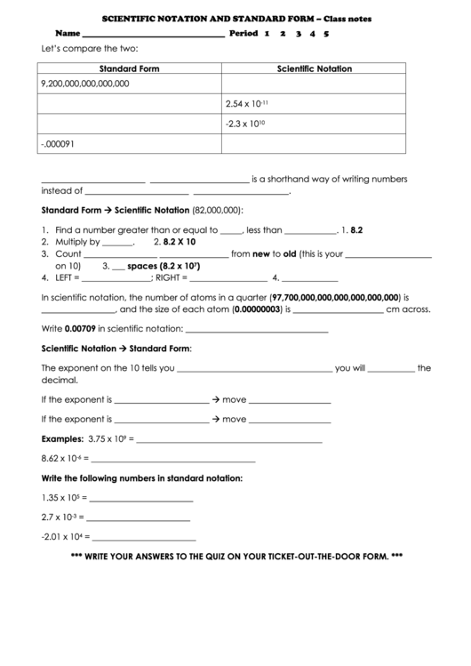 Scientific Notation And Standard Form (Math Worksheets) Printable pdf