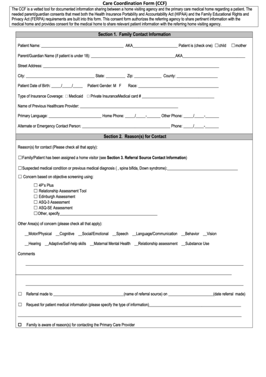 Care Coordination Form (Ccf) Printable pdf