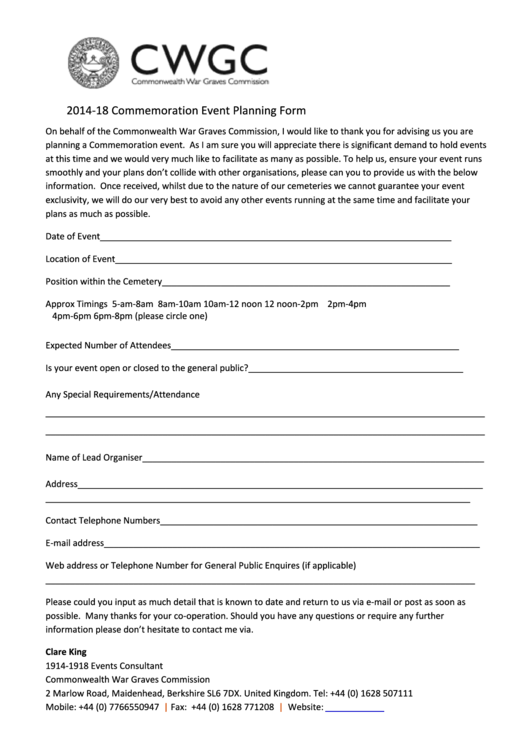 Cwgc Event Planning Form Printable pdf