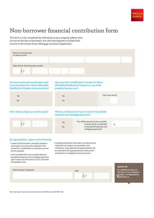 Non-Borrower Financial Contribution Form Printable pdf