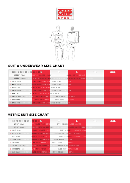 Omp Swport Suit & Underwear Size Chart