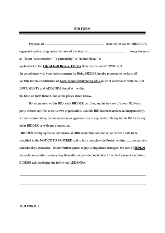 Bid Proposal Form Printable pdf