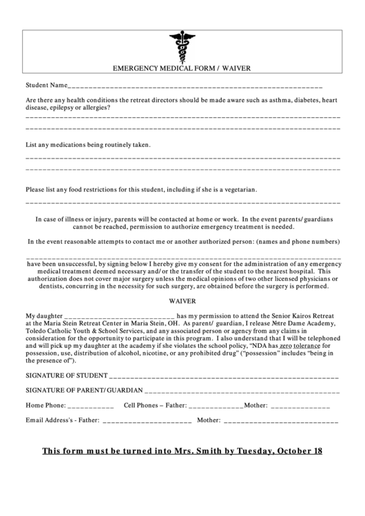 Emergency Medical Form / Waiver Printable pdf