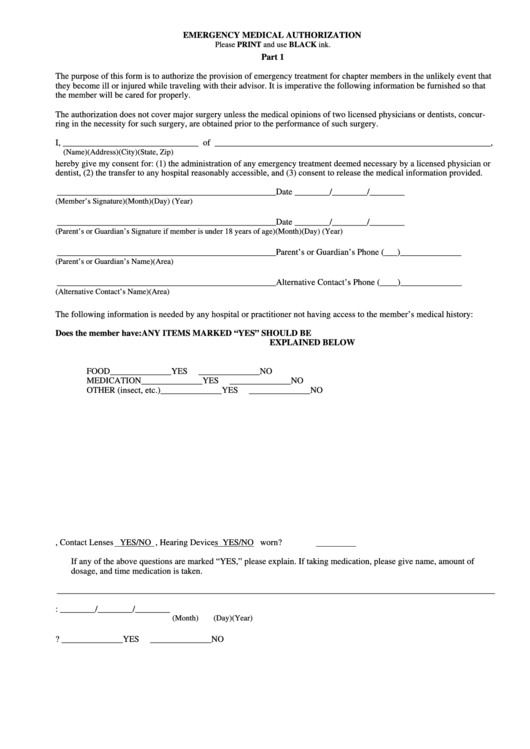 Emergency Medical Authorization Printable pdf