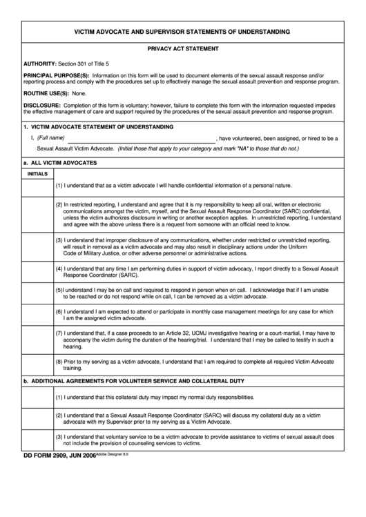 Fillable Dd Form 2909 - Victim Advocate And Supervisor Statements Of Understanding Printable pdf