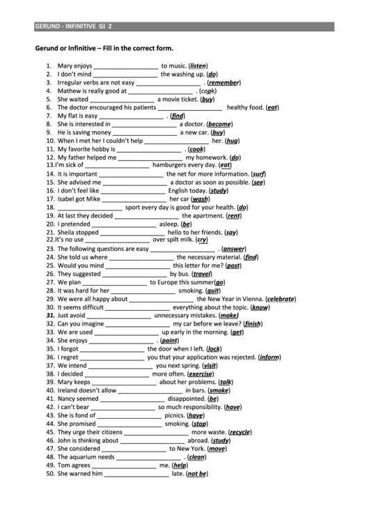 Gerund Or Infinitive English Worksheets With Answers Printable pdf