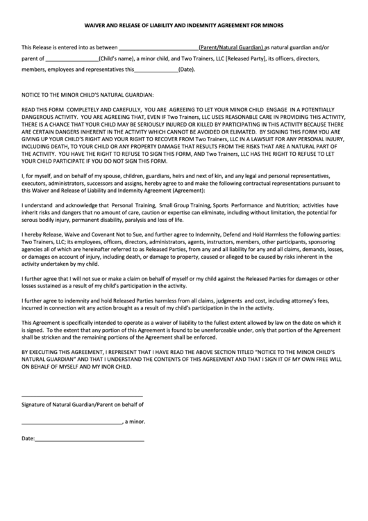 Waiver And Release Of Liability And Indemnity Agreement For Minors Printable pdf