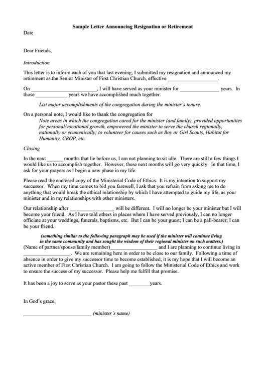 Sample Letter Announcing Resignation Or Retirement Printable pdf