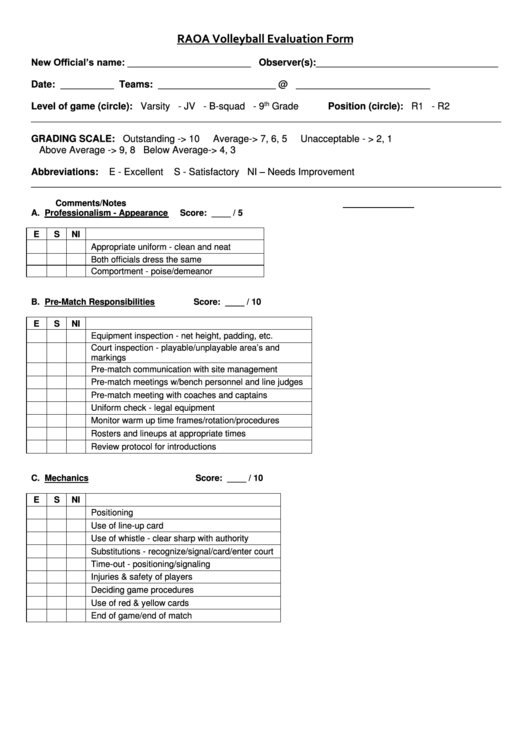 Raoa Volleyball Evaluation Form