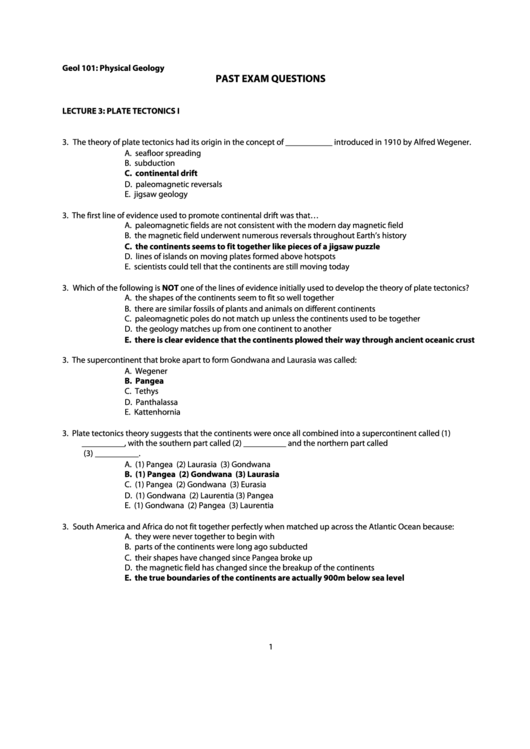 Past Exam Questions - Physical Geology Printable pdf