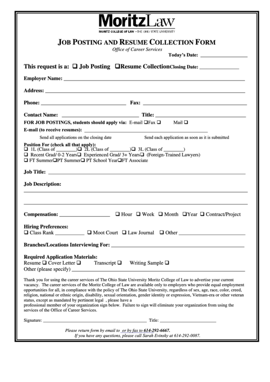 Fillable Job Posting And Resume Collection Form Printable pdf