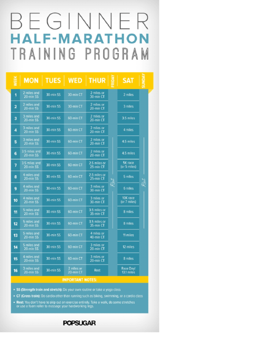 16-Week Half-Marathon Training Schedule For Beginners Printable pdf