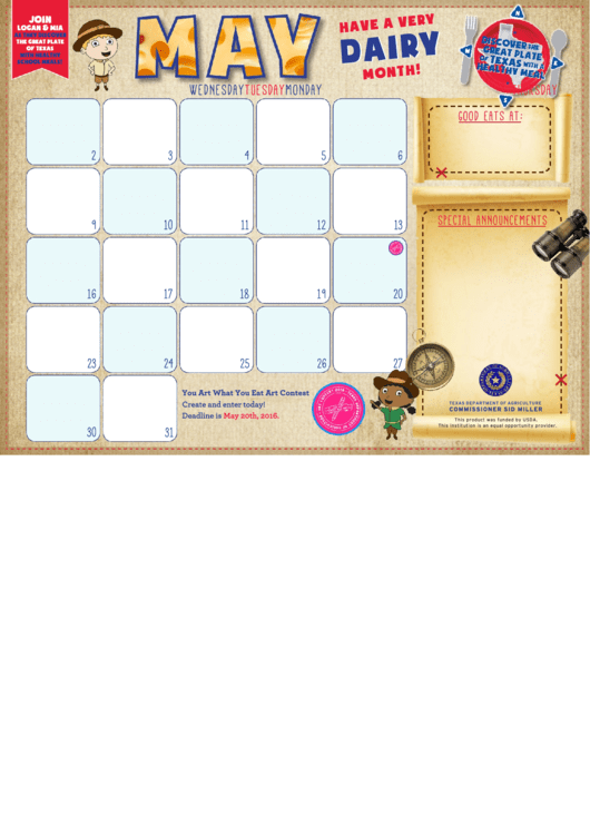 Fillable May Calendar Template - Dairy Month Printable pdf