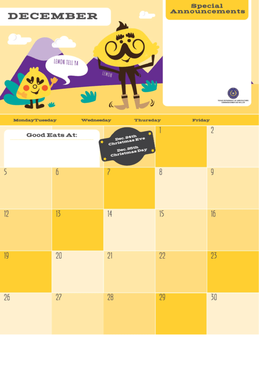 December Eating Calendar - Lemons Printable pdf