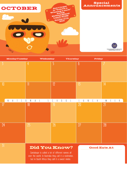 October Eating Calendar - Pumpkins