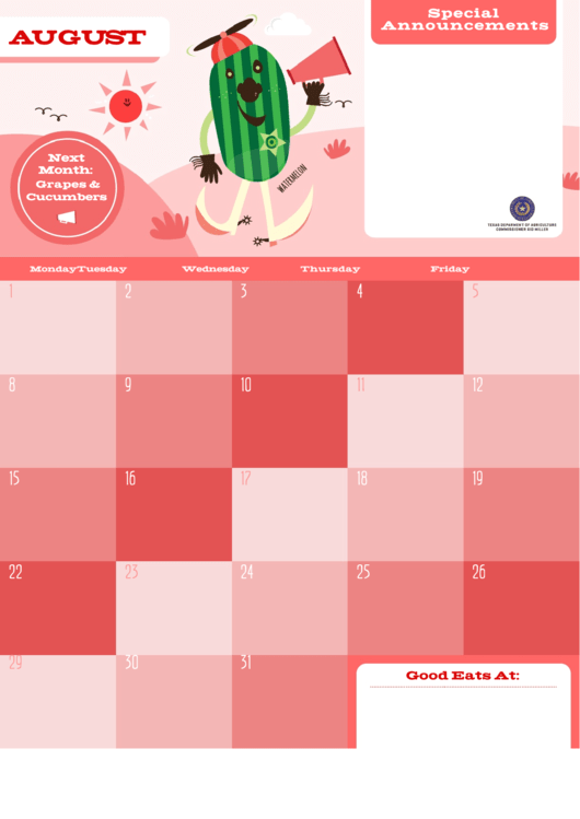 August Eating Calendar - Watermelon Printable pdf
