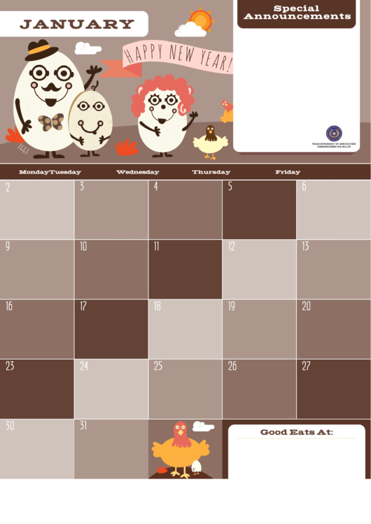 January Eating Calendar - Eggs Printable pdf