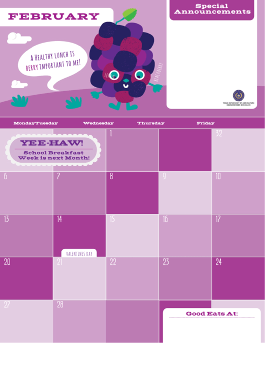 February Eating Calendar - Blackberries Printable pdf