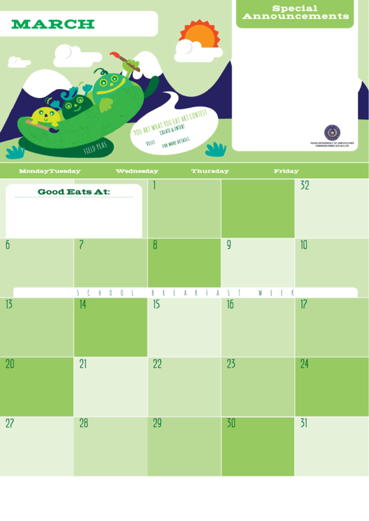 March Eating Calendar - Field Peas Printable pdf