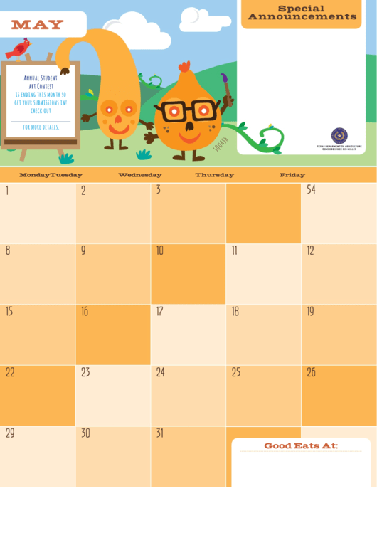 May Eating Calendar - Squash Printable pdf