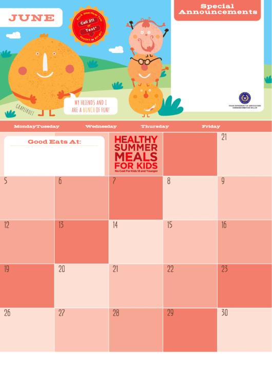 June Eating Calendar - Grapefruit Printable pdf