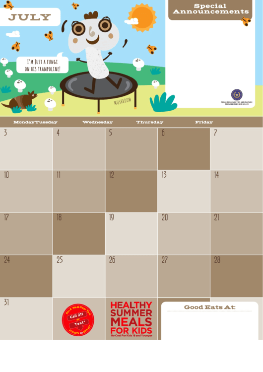 July Eating Calendar - Mushrooms Printable pdf