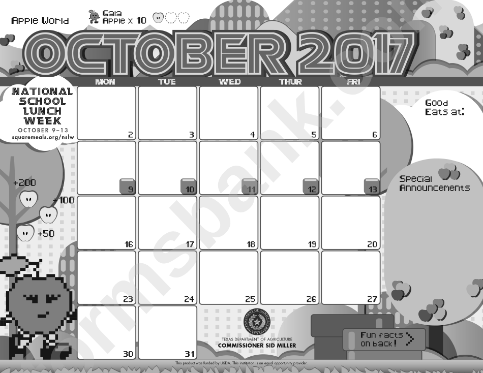 Calendar Template - October 2017 printable pdf download