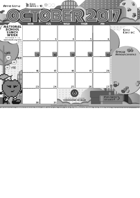 Calendar Template - October 2017 printable pdf download
