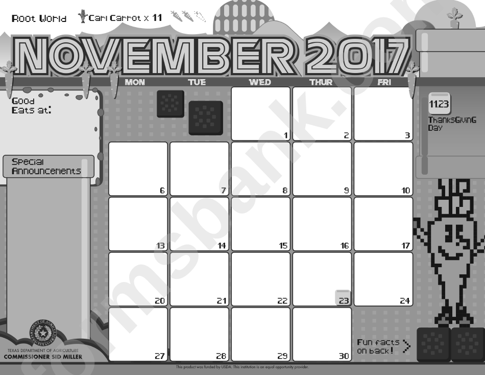 Calendar Template - November 2017 printable pdf download
