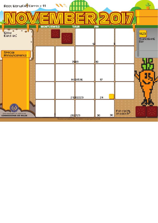 Calendar Template - November 2017 printable pdf download
