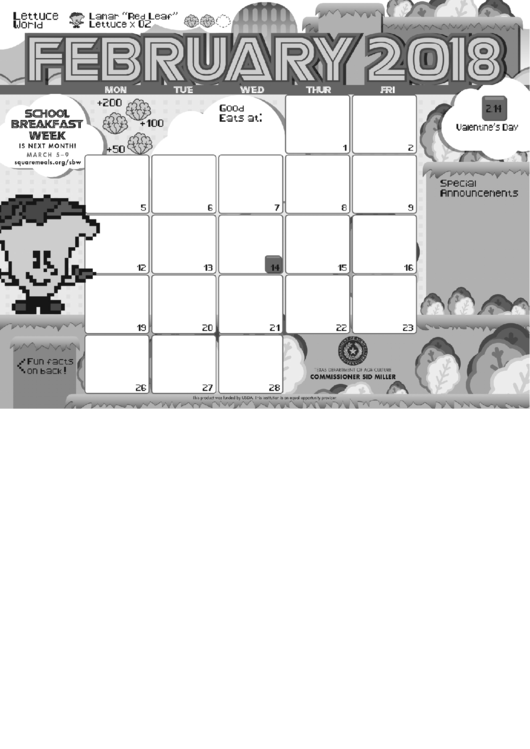 Fillable February 2018 Calendar Template Printable pdf