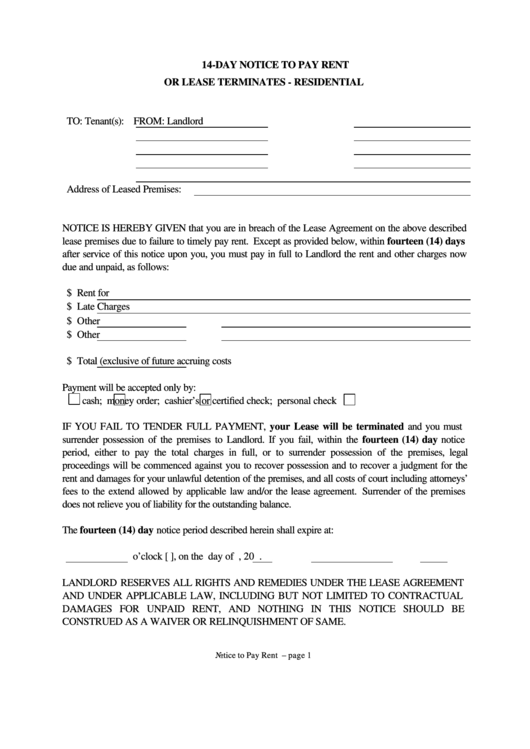 Fillable Vermont 14-Day Notice To Pay Rent Or Lease Terminates Form - Residential Printable pdf