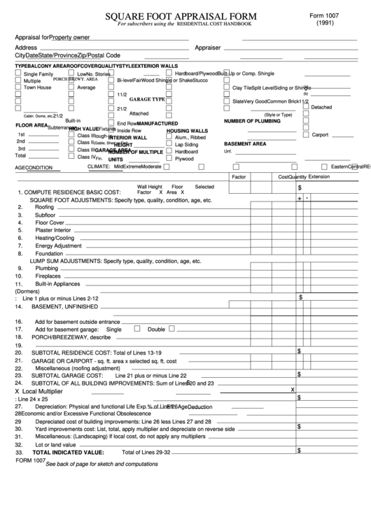 Fillable Form 1007 Square Foot Appraisal Form Printable Pdf Download