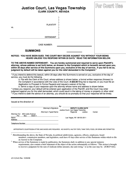 Fillable Las Vegas Justice Court Summons printable pdf download