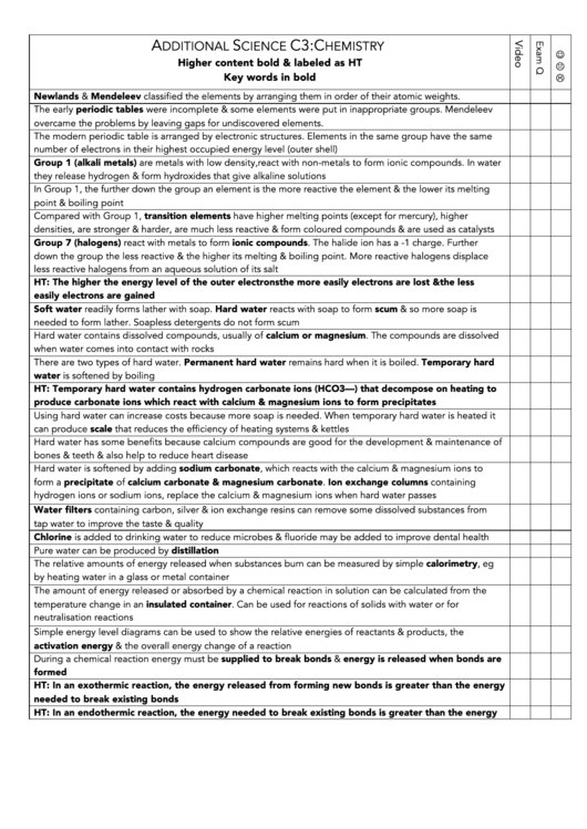 Additional Science - Chemistry Checklist Printable pdf