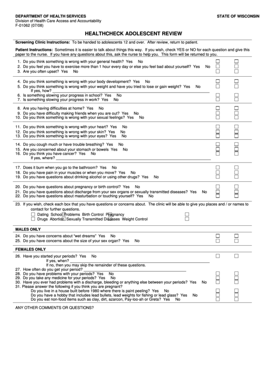 F-01062 - Healthcheck Adolescent Review Printable pdf