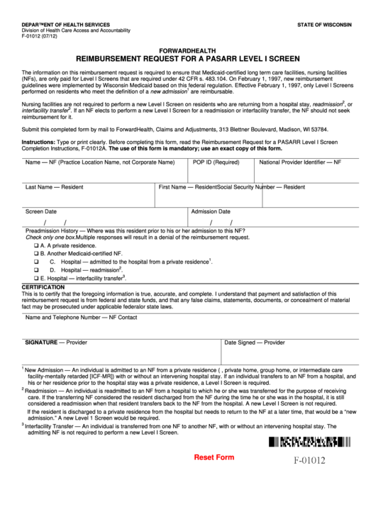 Fillable F-01012 - Reimbursement Request For A Pasarr Level I Screen Printable pdf