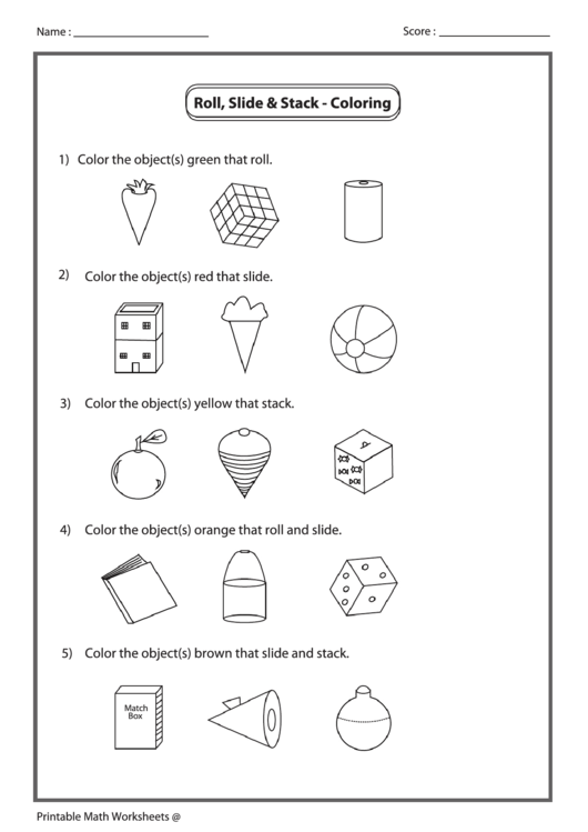 Roll, Slide & Stack - Coloring Worksheet With Answer Key Printable pdf
